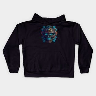 Blossoming Shadows: Black and Gold Sugar Skull Art with Floral Intricacy Kids Hoodie